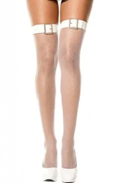 Bas Blancs Résille Ceinture Boucle Strass Autofixants
