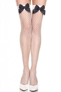 Bas Blancs Résille Filet Noeuds Satinés Noirs Autofixants