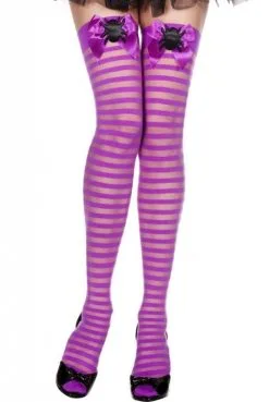 Bas Halloween Rayés Violet Noeuds Satin Araignées Autofixants