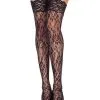 Bas Noirs Autofixants Résille Florale Jarretières Dentelle