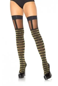 Bas Rayés Lurex Or Jarretière Transparente