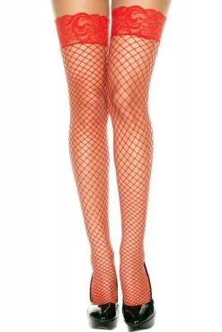 Bas Rouge Résille Filet Jarretières Dentelle Autofixants