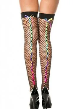 Bas Rubans Colorés Arc En Ciel Noirs Résille Filet Autofixants