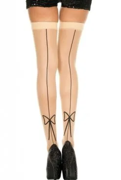 Bas Sexy Beige Effet Couture Et Noeud Autofixants