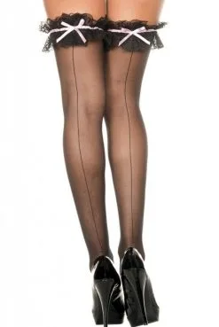 Bas Voile Noirs Couture Jarretières Froufrou Ruban Rose Autofixants