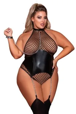 Body Fetish Grande Taille Résille Et Porte Jarretelles Simili Cuir Chainettes