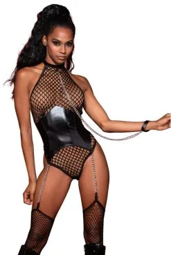 Body Fetish Résille Porte Jarretelle Simili Cuir à Chainettes