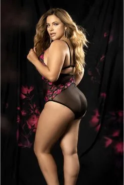 Body Grande Taille Fine Résille Et Imprimé Florale
