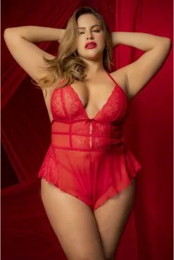 Body Shorty Grande Taille Ample Rouge Effet Babydoll Et String Assorti