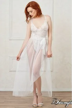 Body String Blanc Echancré Dentelle Et Sa Jupe Maille Transparente Amovible