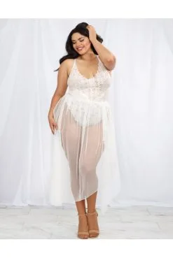 Body String Grande Taille Blanc Echancré Dentelle Et Sa Jupe Maille Transparente Amovible