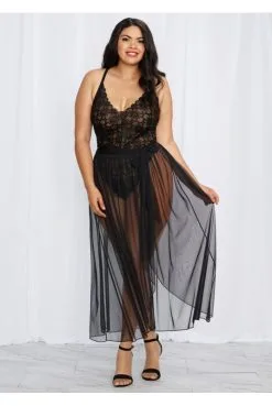 Body String Grande Taille Echancré Dentelle Et Sa Jupe Maille Transparente Amovible