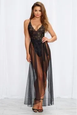 Body String Noir Echancré Dentelle Et Sa Jupe Maille Transparente Amovible