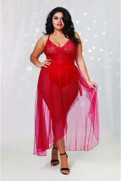 Body String Rouge Echancré Dentelle Et Sa Jupe Maille Transparente Amovible Grande Taille