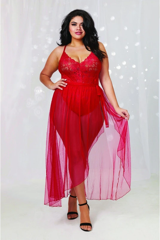 Body String Rouge Echancré Dentelle Et Sa Jupe Maille Transparente Amovible Grande Taille