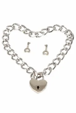 Collier Fetish Chaine Coeur Cadenas Métal Argenté