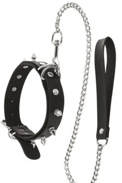 Collier Fetish Ras De Cou Anneaux Pointes Et Laisse Métallique