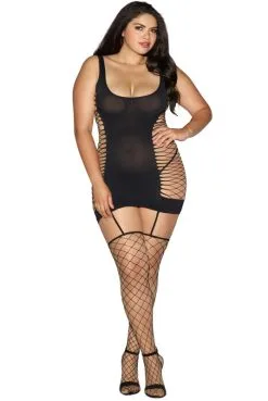 Combinaison Bodystocking Grande Taille Noir Ajourée Guêpière Bas Filet