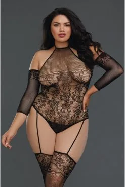 Combinaison Bodystocking Grande Taille Résille Effet Bas Jarretelles