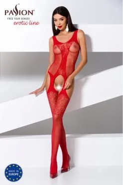 Combinaison BodyStocking Ouverte Résille Dentelle Jarretelles Large Rouge