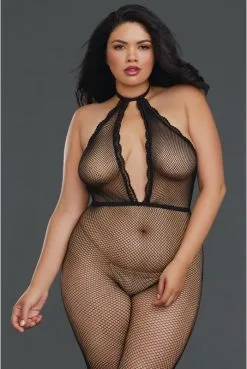 Combinaison Grande Taille Bodystocking Résille Decolleté Plongeant