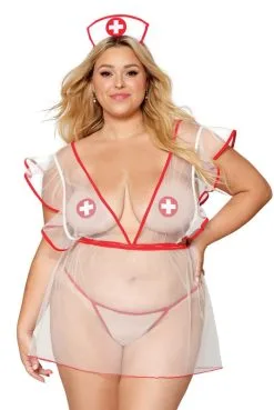 Costume Transparent Infirmière Sexy Grande Taille Nuisette Nipples Coiffe Et String
