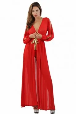 Déshabillé Long Transparent Rouge Micro Résille Noué Doré