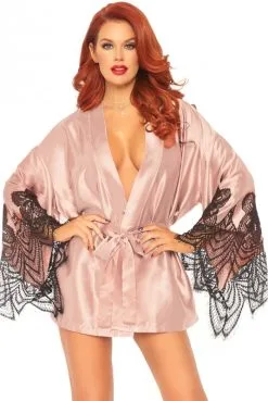 Déshabillé Peignoir Chic Satin Rose Manches Dentelle Noir