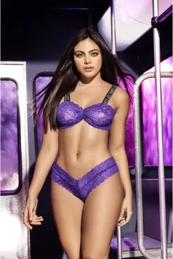 Ensemble 2 Pièces Dentelle Violette Larges Bretelles Noires Imprimées