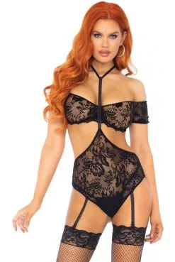 Ensemble Body Seins Nus Jarretelles Et Top Bandeau