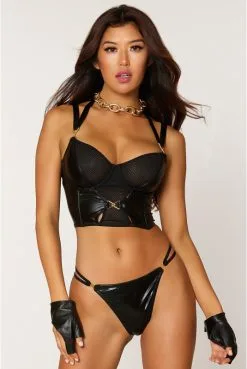 Ensemble Bustier Fetish Wetlook Et String Noir