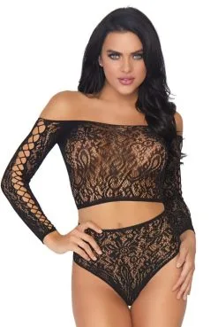 Ensemble Dentelle Top Manches Longues Culotte String Taille Haute