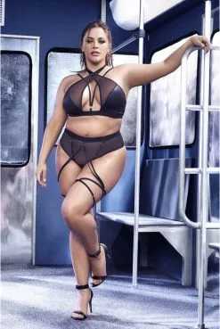 Ensemble Fetish Résille Noire Transparente Grande Taille 2 Pièces