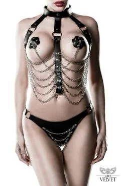 Ensemble Harnais Simili Cuir Fetish Et Chaines 3 Pièces