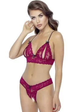 Ensemble Ouvert Soutien Gorge String Dentelle Rouge