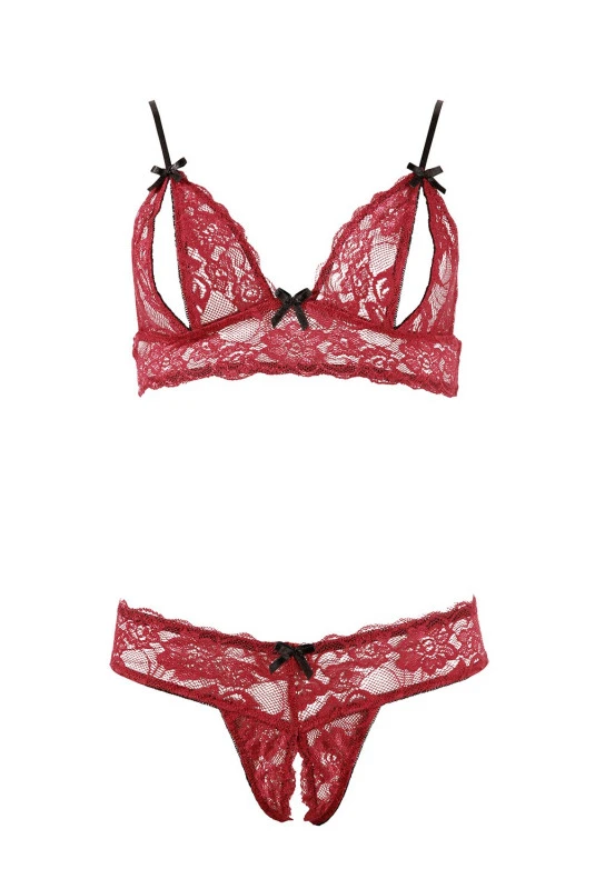 Ensemble Ouvert Soutien Gorge String Dentelle Rouge – Image 4