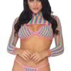 Ensemble Résille Arc En Ciel Top Court Manches Longues Bikini Et String