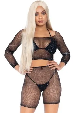 Ensemble Résille Strass Cycliste Et Top Manches Longues Noir