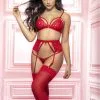 Ensemble Sexy 3 Pièces Porte Jarretelles Dentelle Rouge Strappy