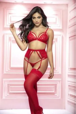 Ensemble Sexy 3 Pièces Porte Jarretelles Dentelle Rouge Strappy