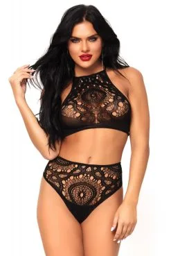 Ensemble Sexy Brassière Culotte Haute Dentelle Crochet