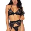 Ensemble Sexy Chic Soutien Gorge Dentelle à Cils Porte Jarretelles Et String