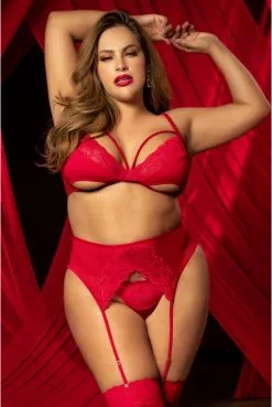 Ensemble Sexy Chic Soutien Gorge Porte Jarretelles Et String Rouge Grande Taille