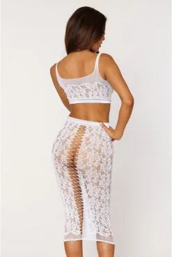 Ensemble Sexy Dentelle Brassière Résille Dentelle Jupe Longue Assortie