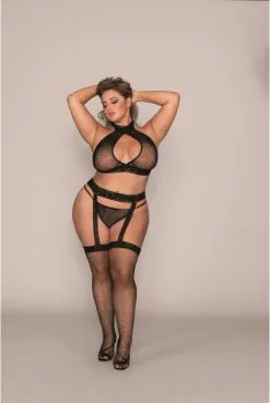 Ensemble Sexy Grande Taille 3 Pièces Résille Et Dentelle