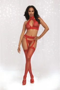 Ensemble Sexy Résille Rouge 3 Pièces
