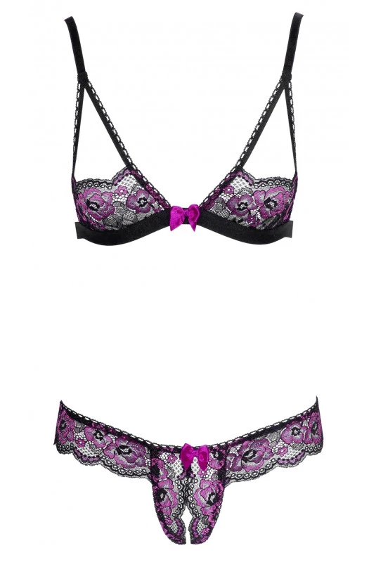 Ensemble Sexy Soutien Gorge Dentelle Bicolore Et Culotte Ouverte – Image 3