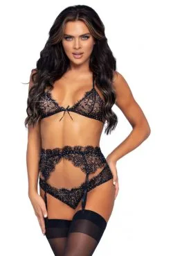 Ensemble Strass Porte Jarretelles Dentelle Mesh