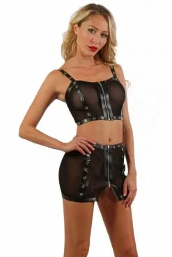Ensemble Taille S / 34 Fetish Micro Résille Top Et Jupe ZiP Oeillets