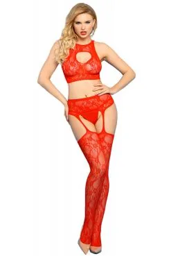 Ensemble Top Brassière Et Collant Ouvert Rouge